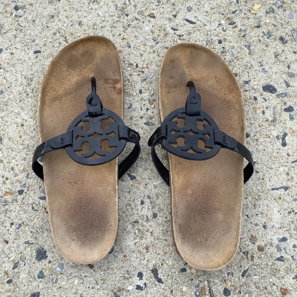 Tory Burch Miller Cloud Black Patent Leather Cork Footbed Thong Sandals Women 9M